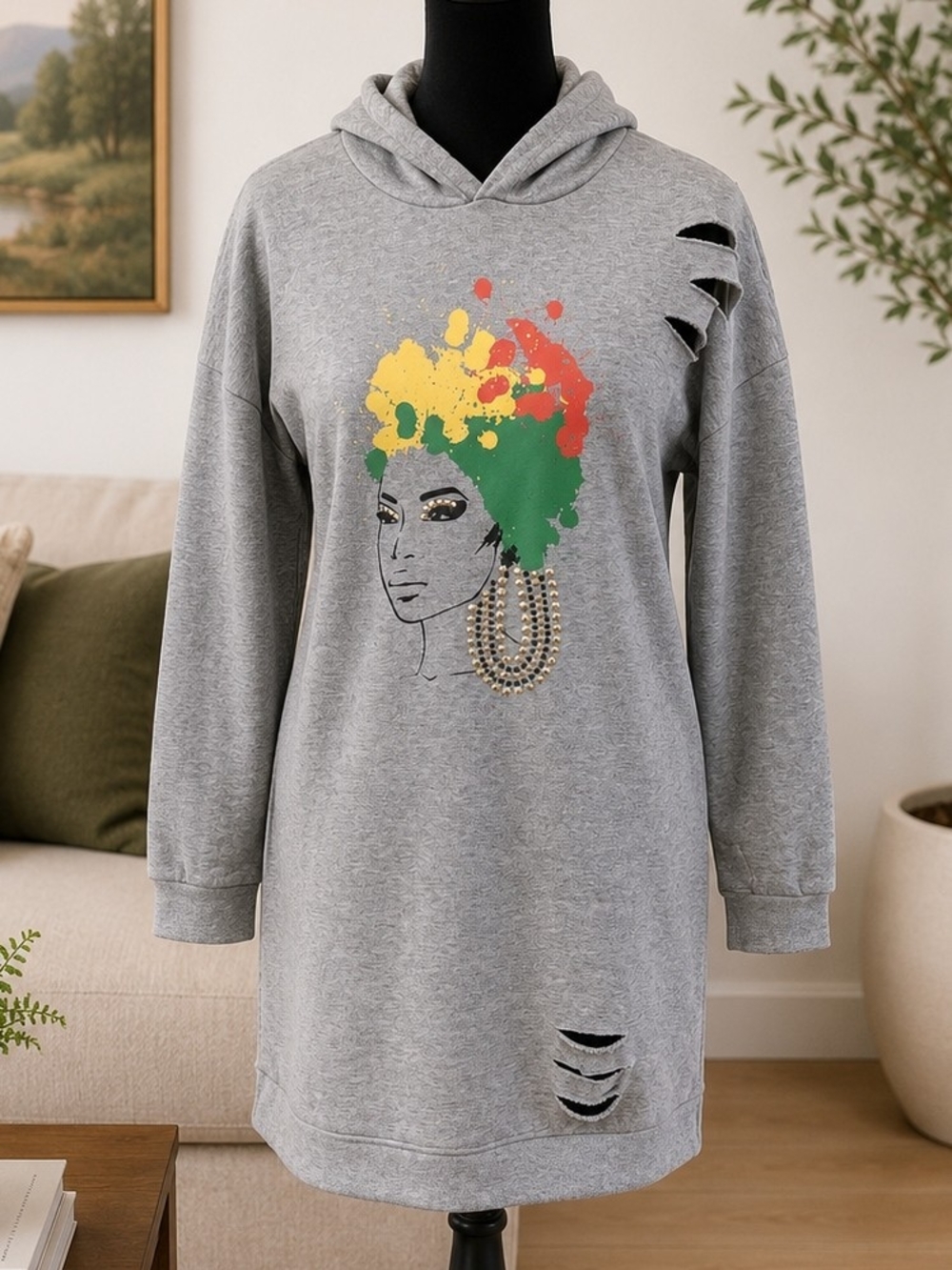Jolie & Joy Gray Graphic Hoodie Dress Distressed Rhinestone M